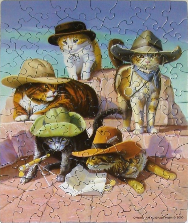 Five cats dressed as explorers wearing hats on a rocky landscape.