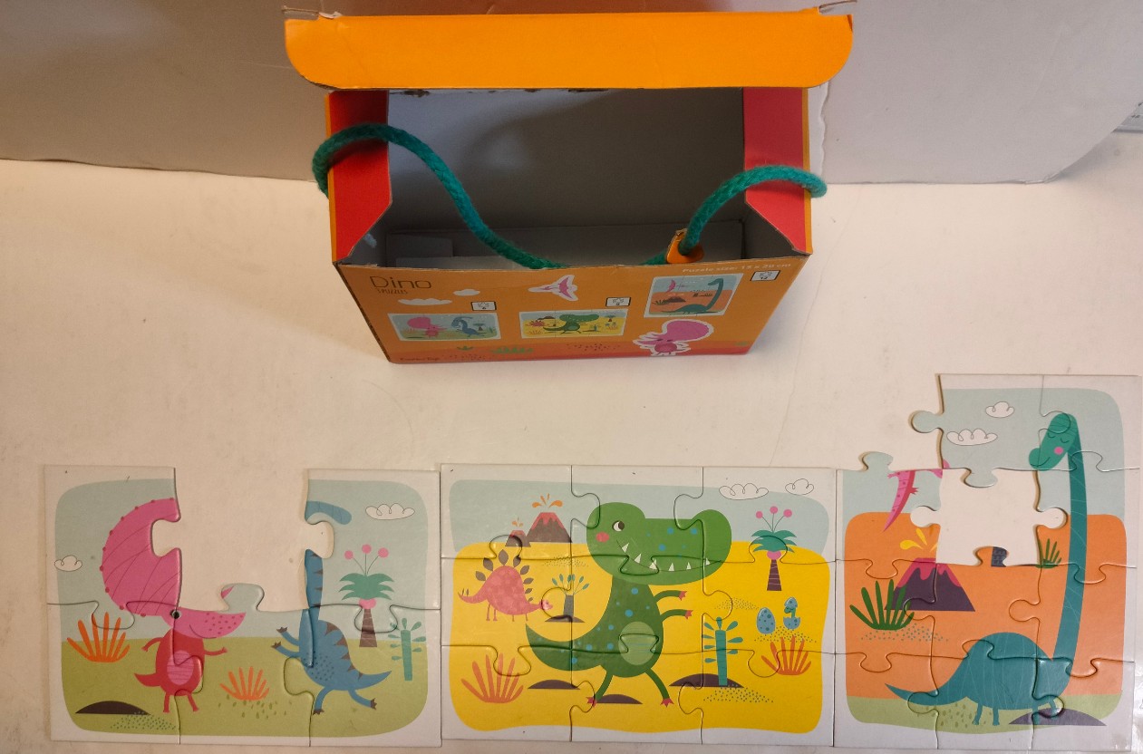 Three colorful cartoon dinosaur scenes featuring various prehistoric creatures in a stylized landscape.