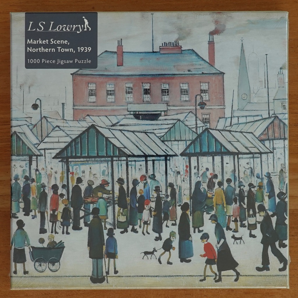 Painting of a bustling 1939 northern town market scene with many stylized figures and industrial architecture.