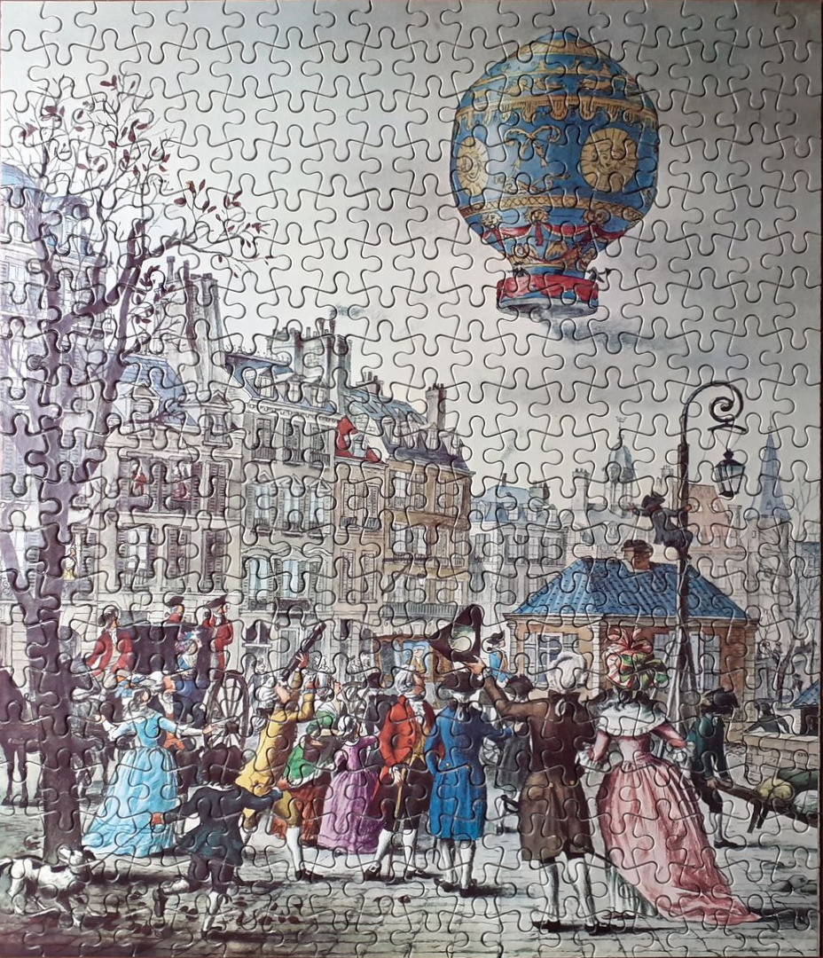 18th-century style illustration of a crowd watching a hot air balloon float above a European city street.