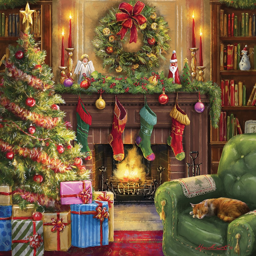 A cozy fireplace scene with a decorated Christmas tree, a sleeping cat in a green armchair, and hung stockings.
