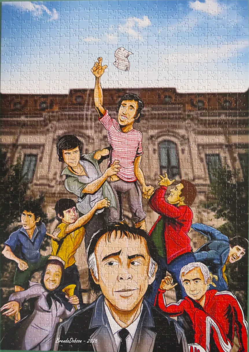 An illustration of a group of people from the 1970s Italian film 'The Taming of the Scoundrel' (Il bisbetico domato).