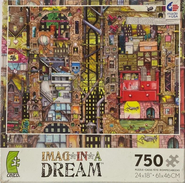 Whimsical, densely layered architectural illustration featuring a complex, dreamlike city scene.