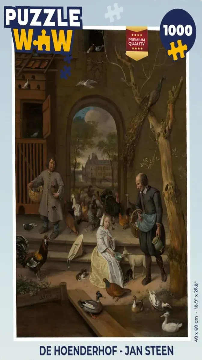 An oil painting titled De Hoenderhof by Jan Steen depicting figures, a girl, and many birds in a courtyard.