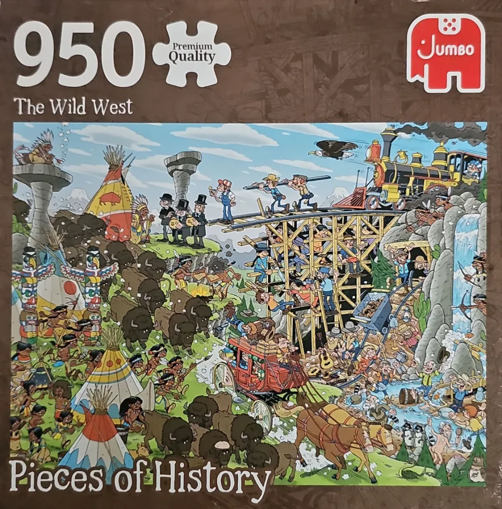 Cartoon illustration of a chaotic Wild West scene with trains, tipis, and a bustling settlement.