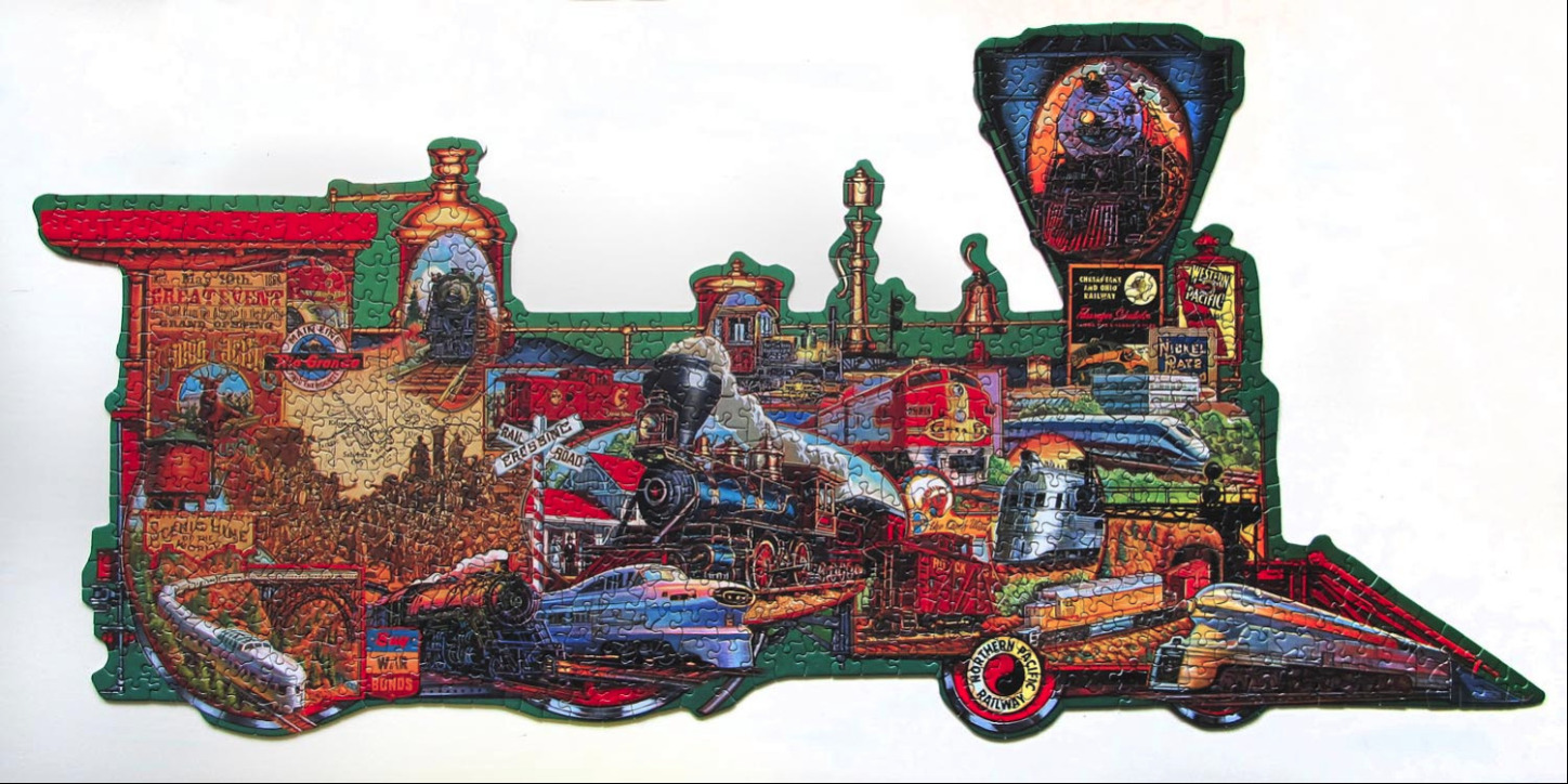 A shaped collage of vintage and modern trains arranged into the outline of a locomotive.
