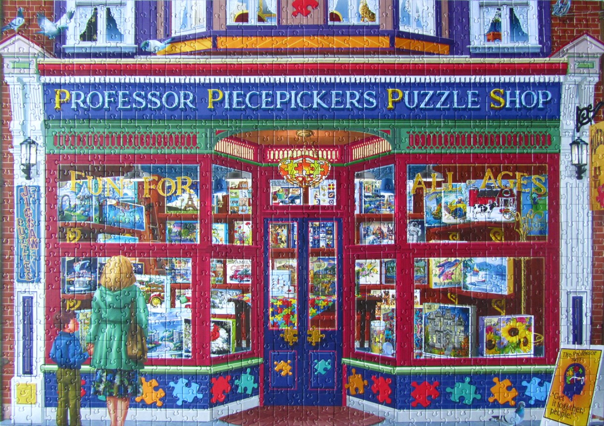 A storefront for Professor Piecepickers Puzzle Shop with a woman and child looking through the window.