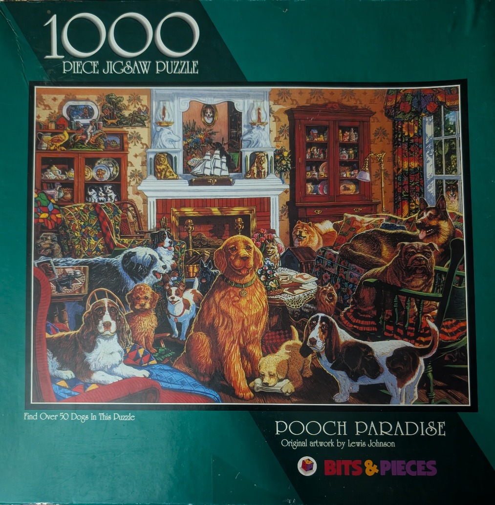 A cozy living room filled with dozens of various dog breeds sitting and relaxing among vintage furniture.