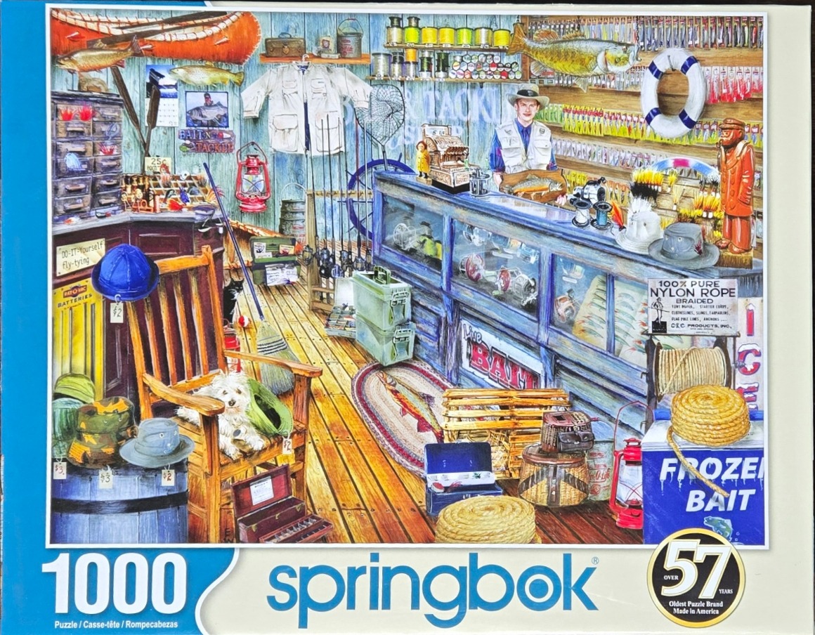 An illustration of the interior of a rustic bait and tackle shop filled with fishing gear, supplies, and a small dog.