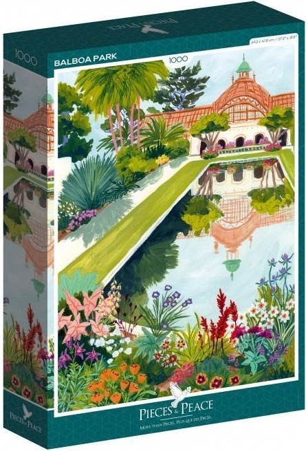 Illustration of the Botanical Building and Lily Pond at Balboa Park with vibrant garden flowers in the foreground.