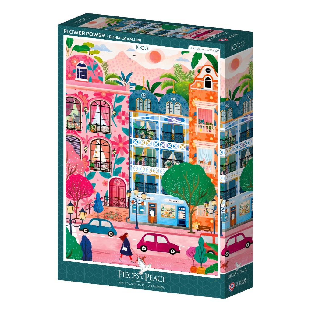 Illustration of colorful European-style buildings on a tree-lined city street with cars and pedestrians.