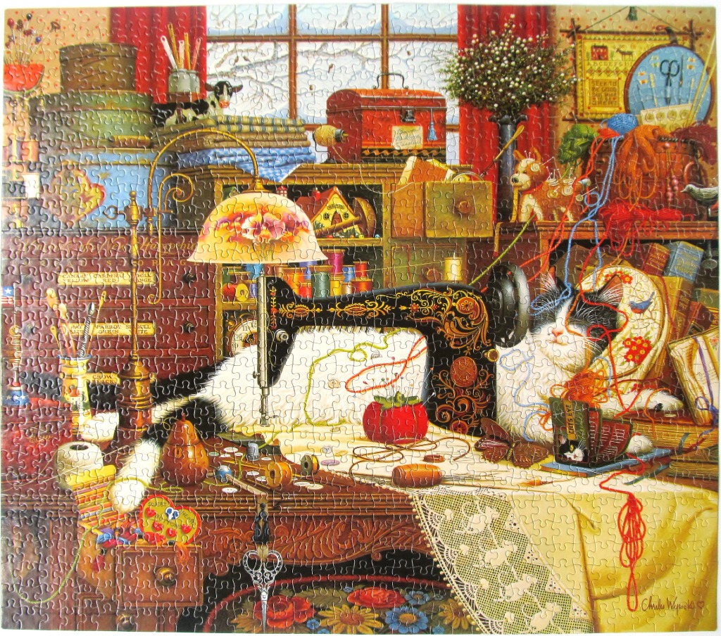 An illustration of a cat sleeping beside a vintage sewing machine in a cluttered craft room.