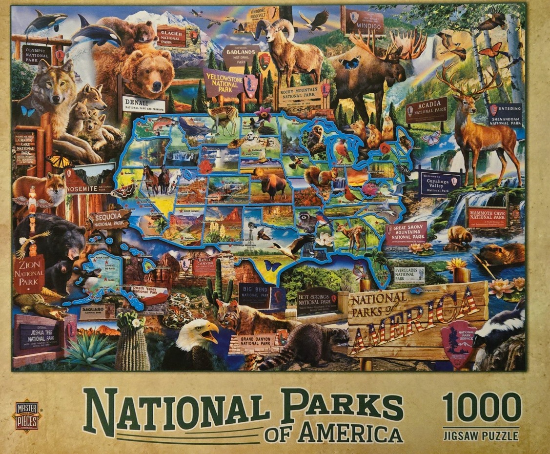 A montage map illustration featuring wildlife and diverse landscapes from various American National Parks.