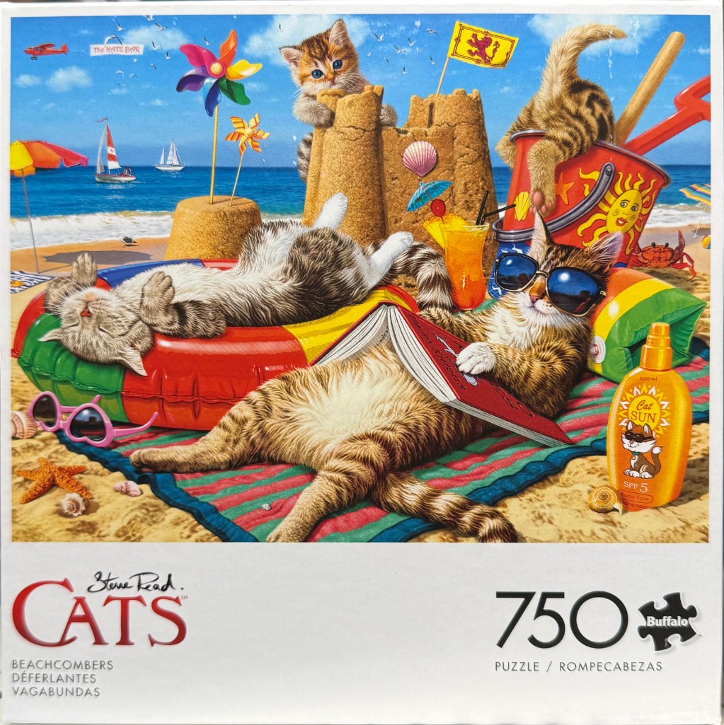 Several tabby kittens relaxing and playing on a sunny beach with sandcastles and vacation accessories.