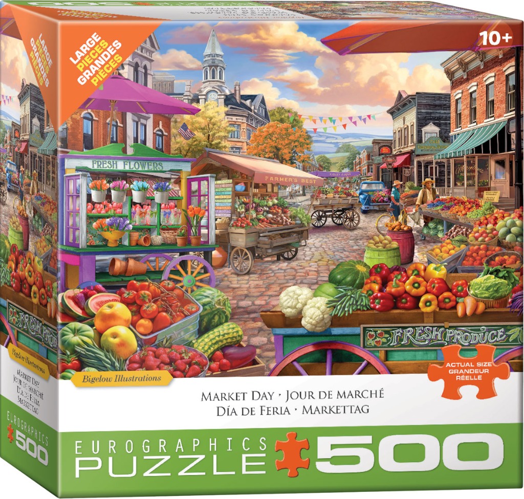 Illustration of a vibrant town street lined with vegetable and flower carts on a sunny day.