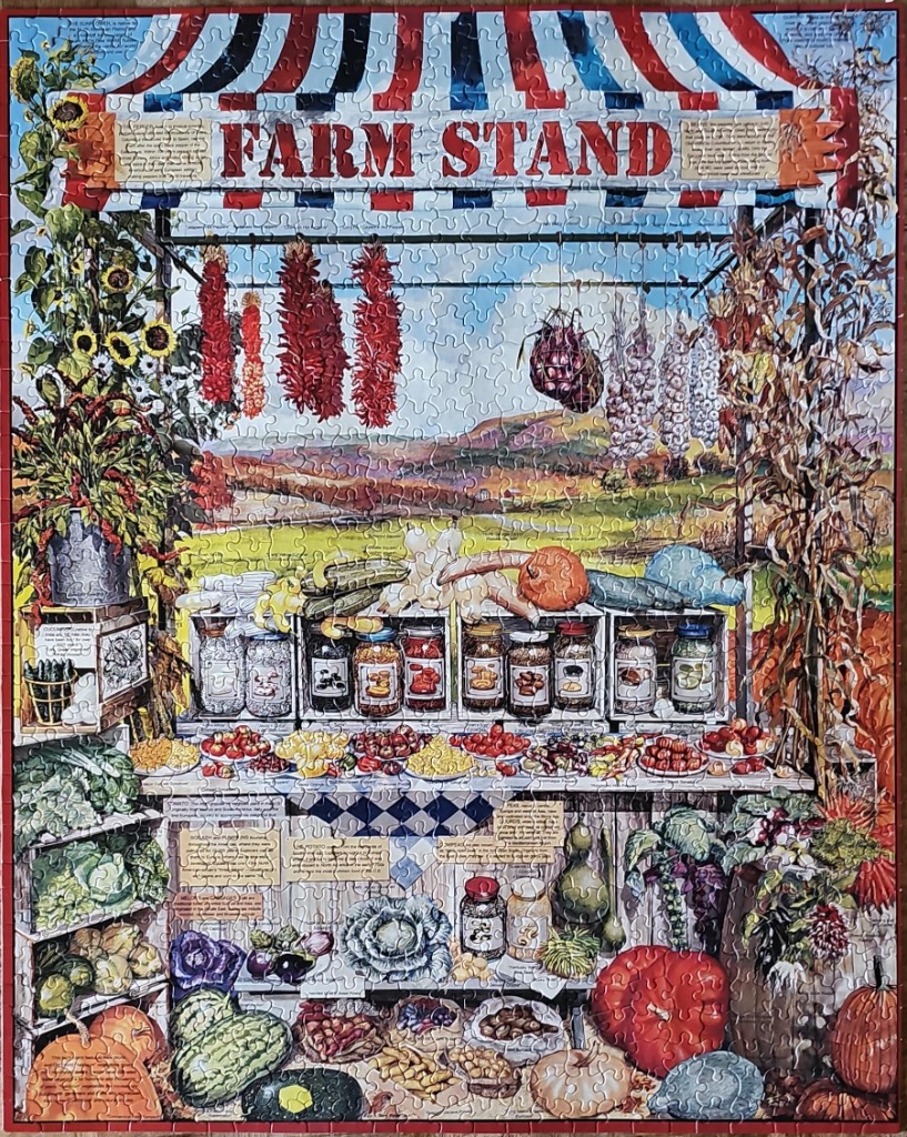 An illustration of a vibrant farm stand stocked with produce and preserves under a striped awning.
