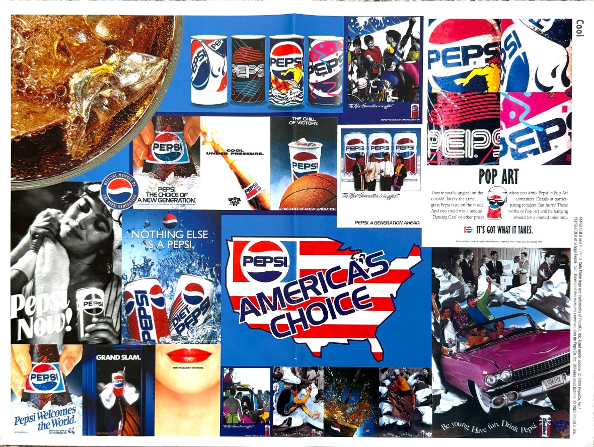 A collage of advertisements and branding imagery featuring soda cans, lifestyle scenes, and pop art graphic designs.