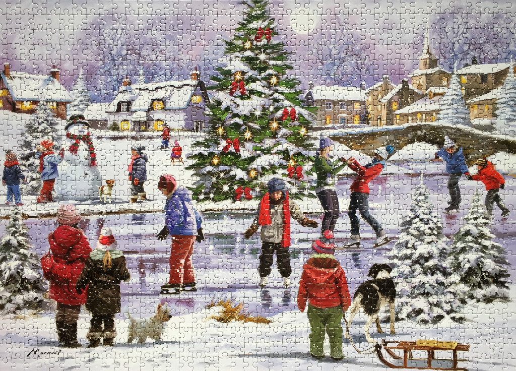 Children ice skating in a snowy village square with a large decorated Christmas tree.