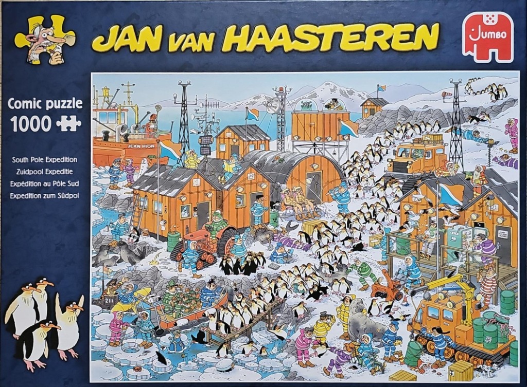 Busy cartoon illustration of a South Pole research expedition filled with scientists, penguins, and machinery.
