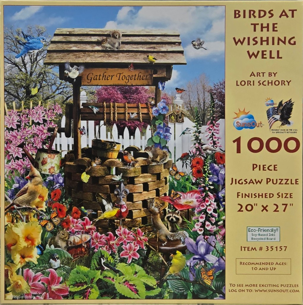 A wishing well in a lush garden filled with diverse birds, squirrels, a raccoon, butterflies, and vibrant flowers.