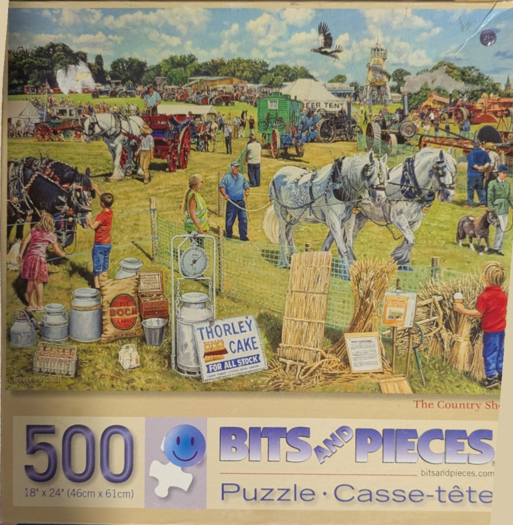 A lively, detailed country fair scene featuring heavy horses, vintage agricultural machinery, and crowds.