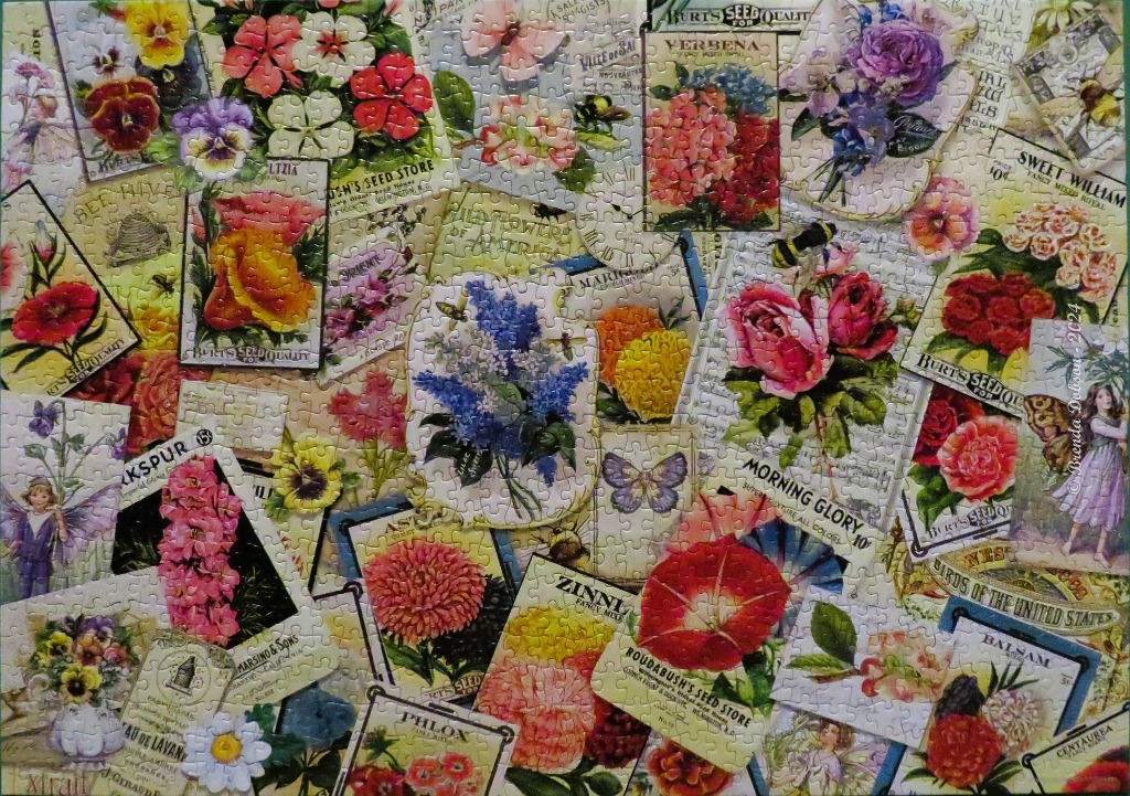 A collage of vintage botanical seed packets featuring colorful flowers and garden illustrations.
