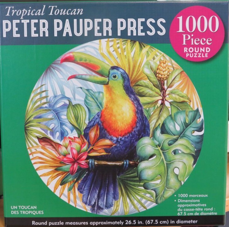 An illustration of a vibrant toucan perched among lush tropical foliage within a circular frame.