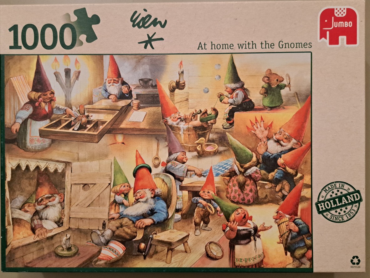 An illustration of many garden gnomes engaged in domestic activities inside a cozy, dimly lit cottage.