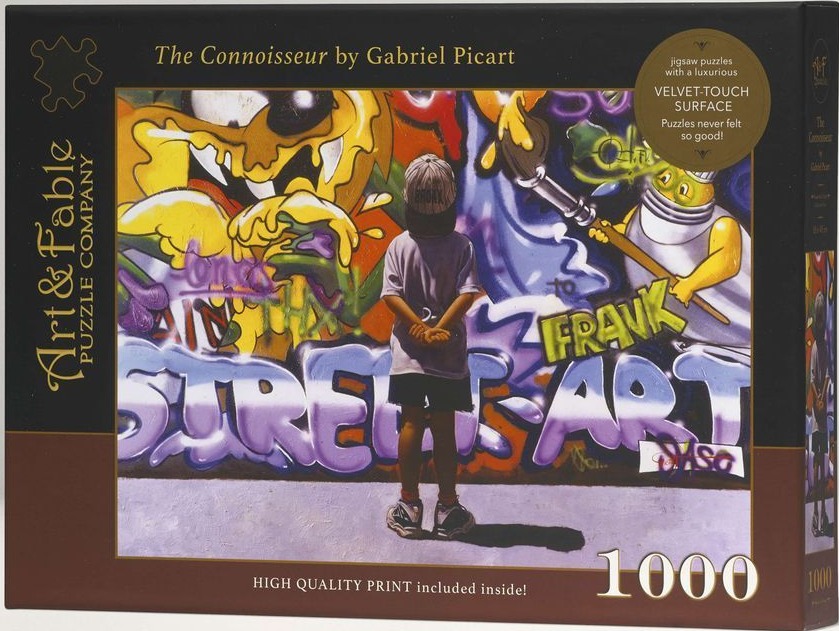 A young child standing before a vibrant, multi-colored graffiti wall, observing the urban artwork.