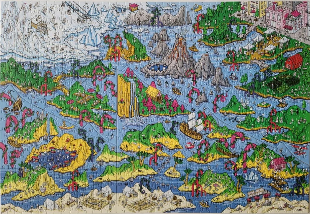 Whimsical island map with pink candy cane arches, volcano, ships, and tiny people.