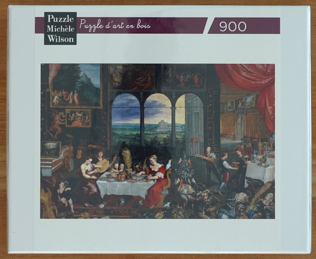 A classical oil painting depicting an ornate interior scene with a banquet, musicians, and views of a lush landscape.