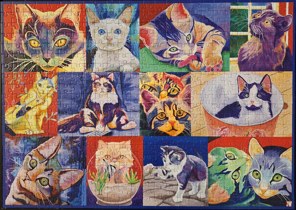A collage of twelve colorful, stylized cat portraits in a grid layout.