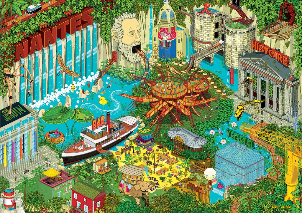 Isometric illustration of a vibrant, surreal cityscape inspired by Nantes, filled with landmarks, wildlife, and people.