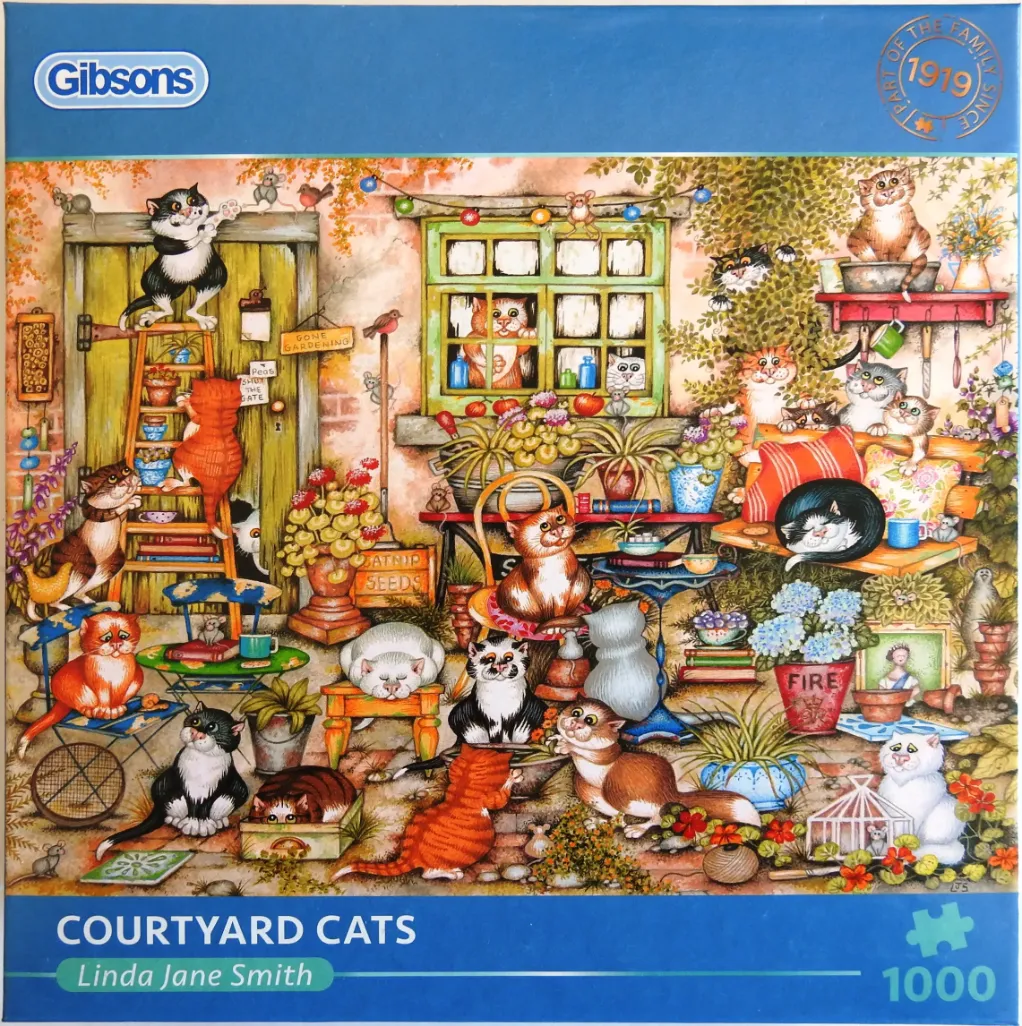 A whimsical illustration of many cats playing and resting in a charming, cluttered garden courtyard.