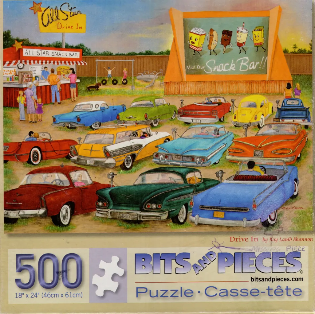 A nostalgic 1950s drive-in theater scene with classic cars parked before a large movie screen.