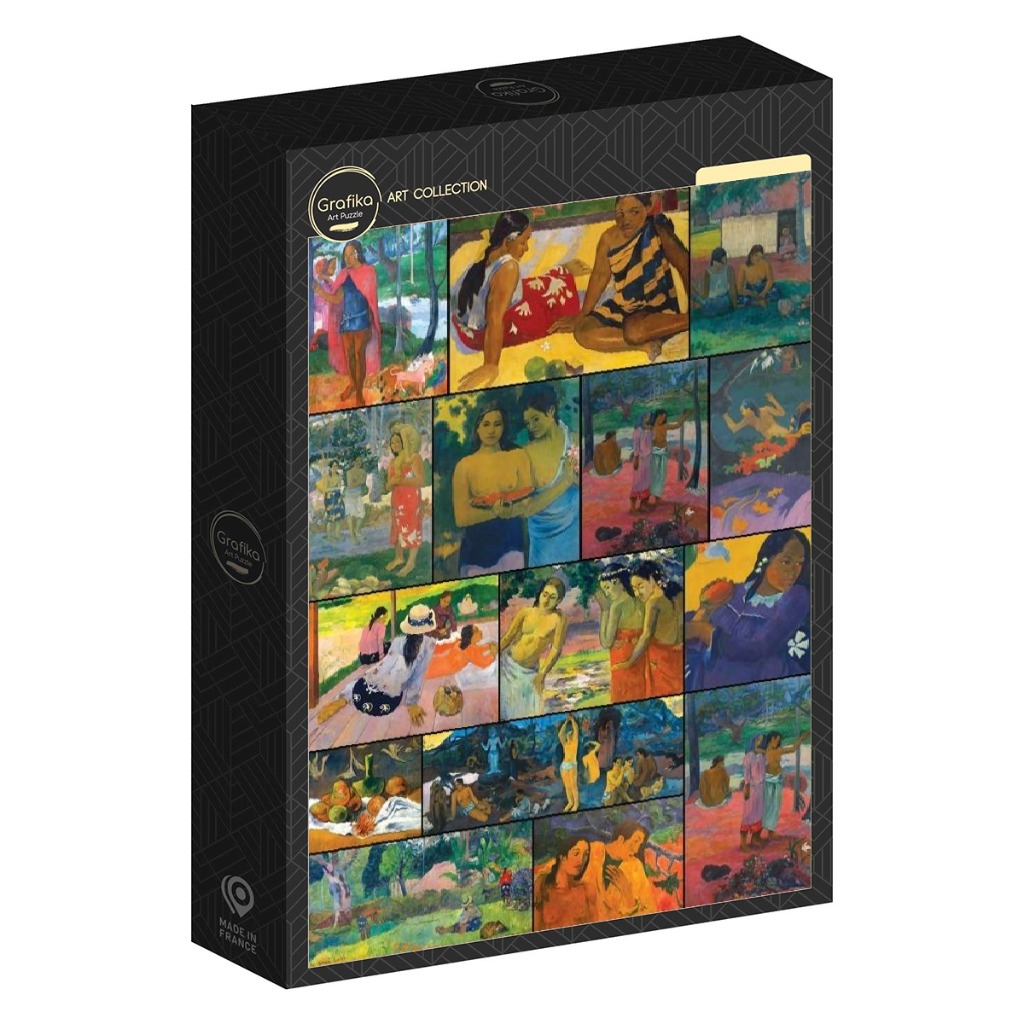A collage of various Paul Gauguin paintings depicting Polynesian life and figures.