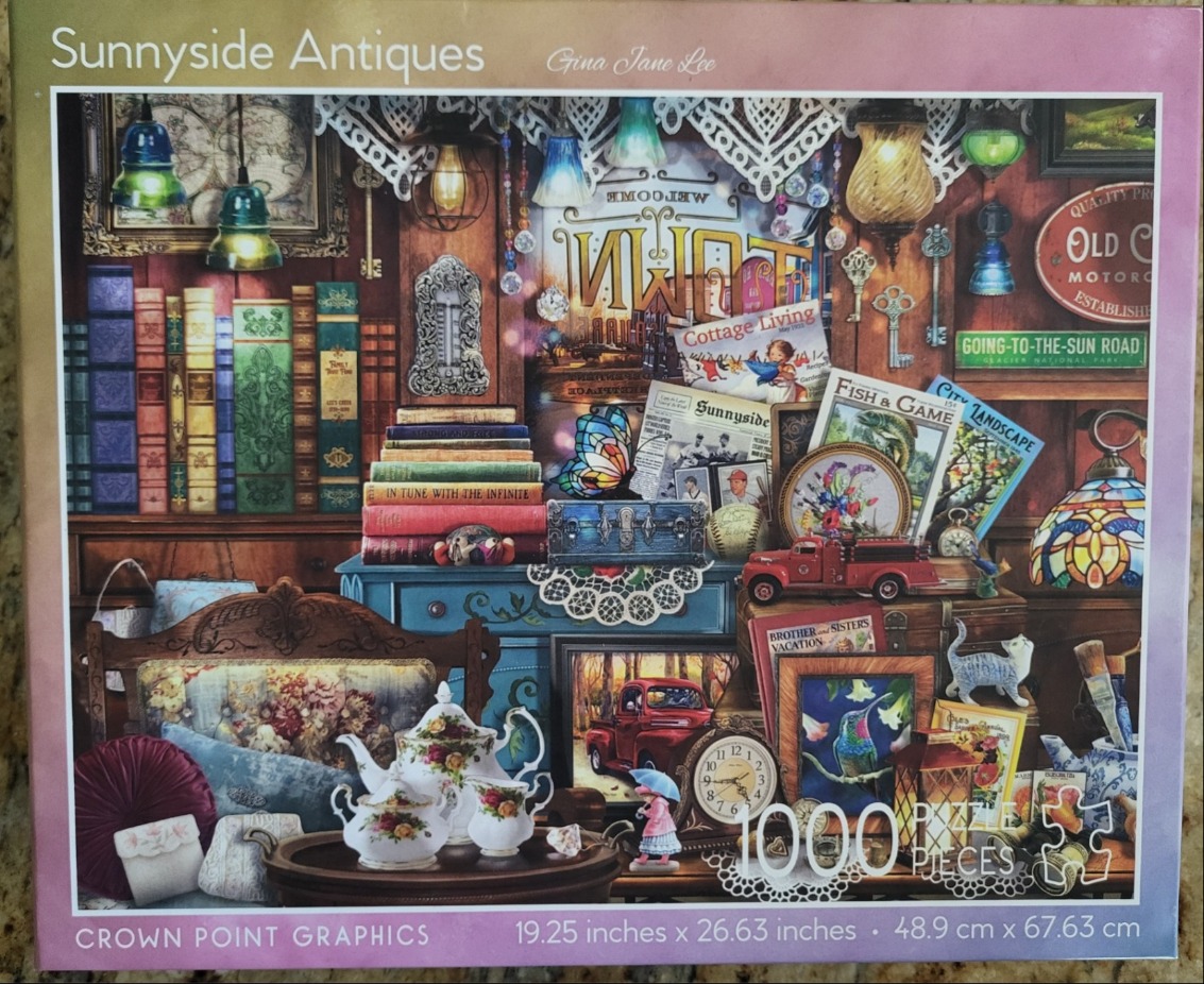 A cozy, cluttered antique shop scene filled with books, collectibles, vintage decor, and a tea set.