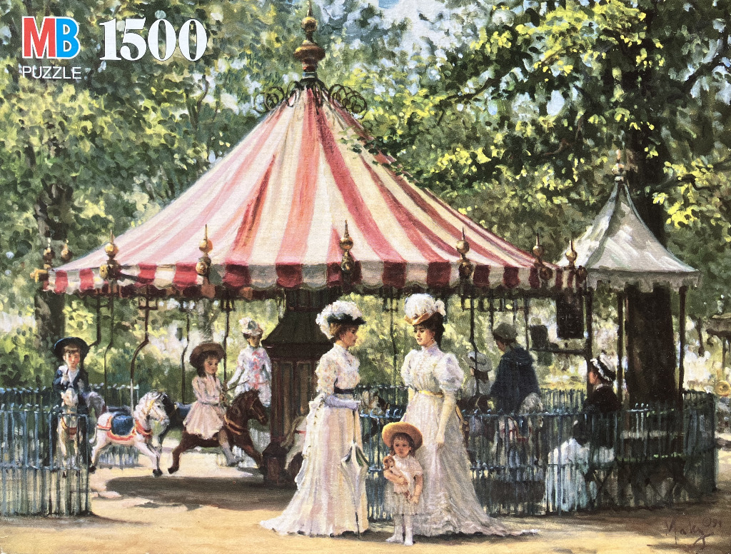 Impressionist painting of women and children near a striped carousel in a park setting