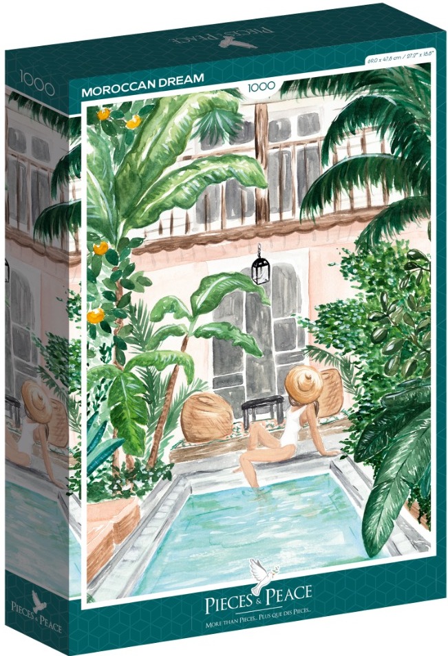 A watercolor illustration of a woman in a sun hat relaxing by a courtyard swimming pool in a lush Moroccan setting.
