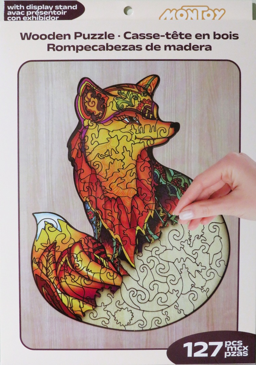 Stained-glass style illustration of a fox with decorative patterns and intricate puzzle piece shapes.