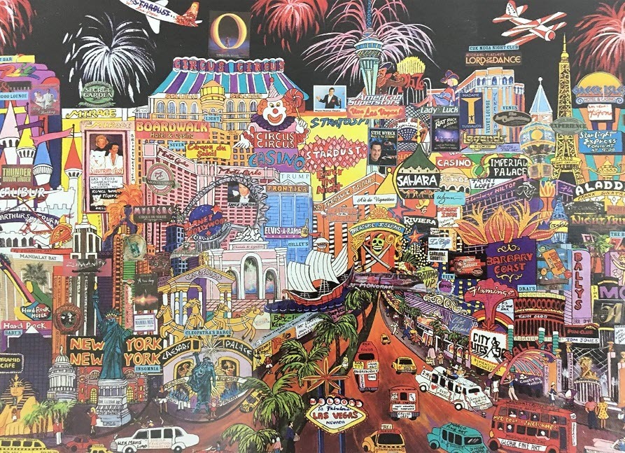 A colorful, densely packed illustration of the Las Vegas Strip at night featuring iconic hotels and signage.
