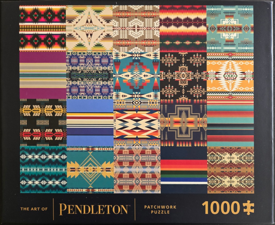 A grid of twenty Native American-style geometric textile patterns in various colors.