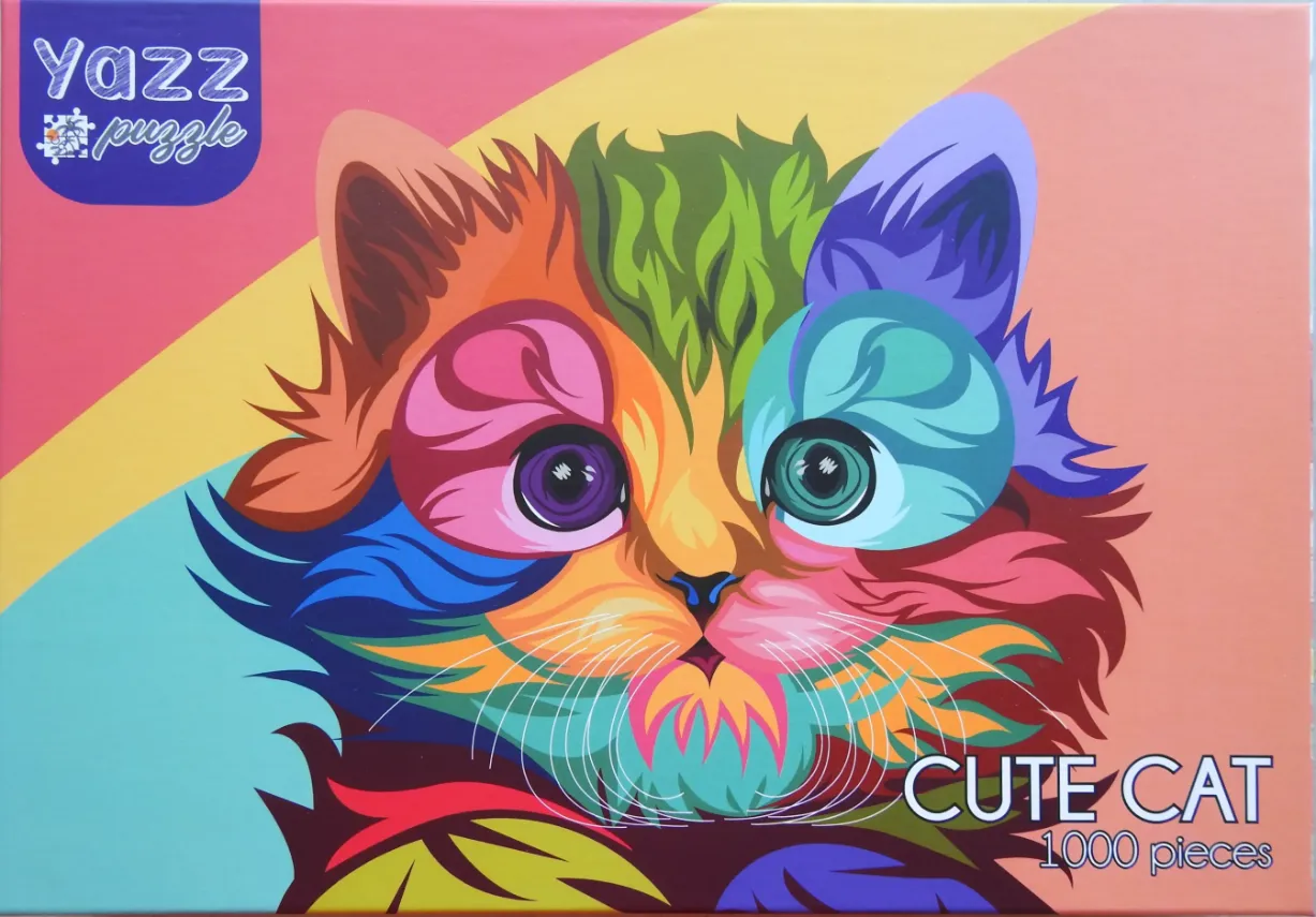 Stylized pop-art illustration of a cat head with rainbow-colored fur against a geometric background.