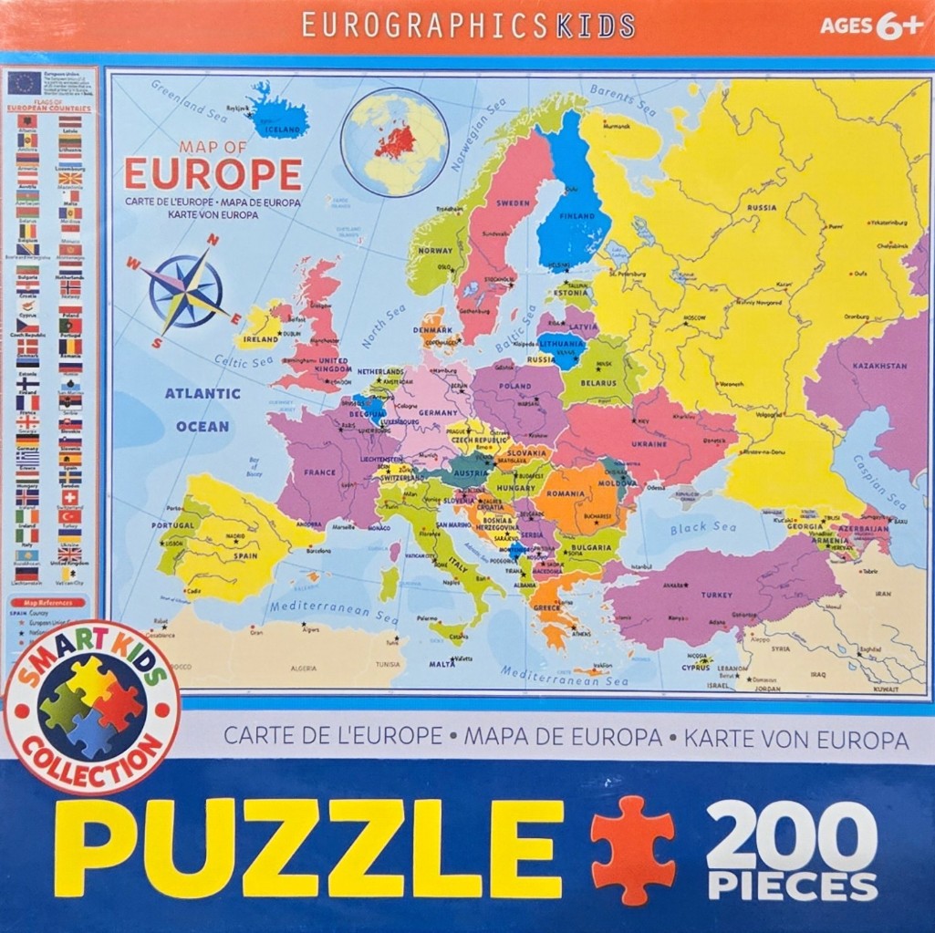 A colorful educational political map of Europe showing countries, capitals, and national flags.