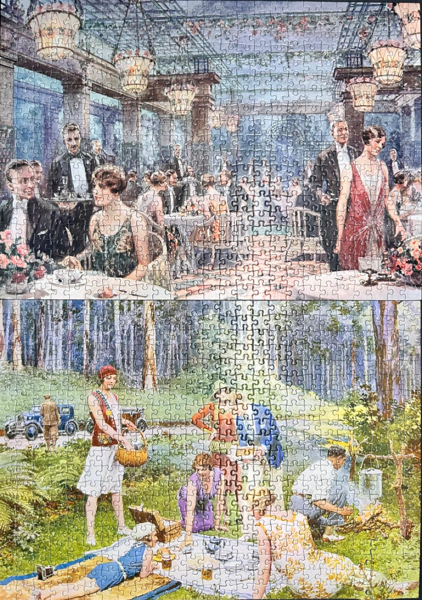 A split-panel image showing a lavish 1920s indoor ballroom scene above a sunny 1920s forest picnic scene.
