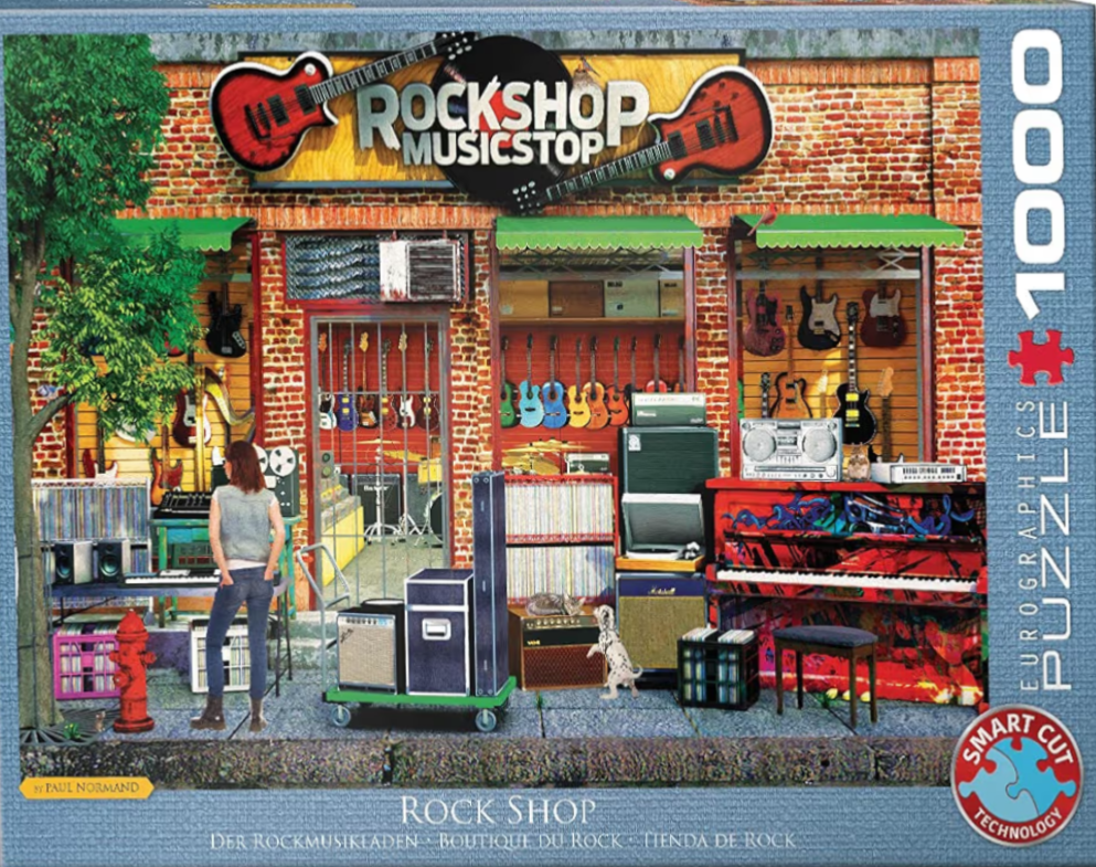 Illustration of a vibrant music shop storefront filled with guitars, amplifiers, and musical equipment.