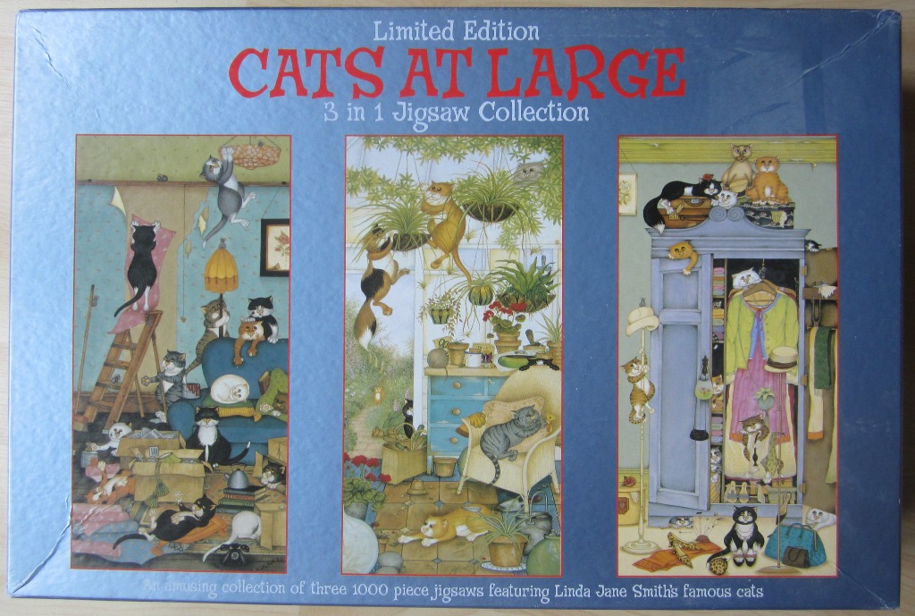 Three vertical illustrations featuring mischievous cats in a home setting, including a study, conservatory, and wardrobe.