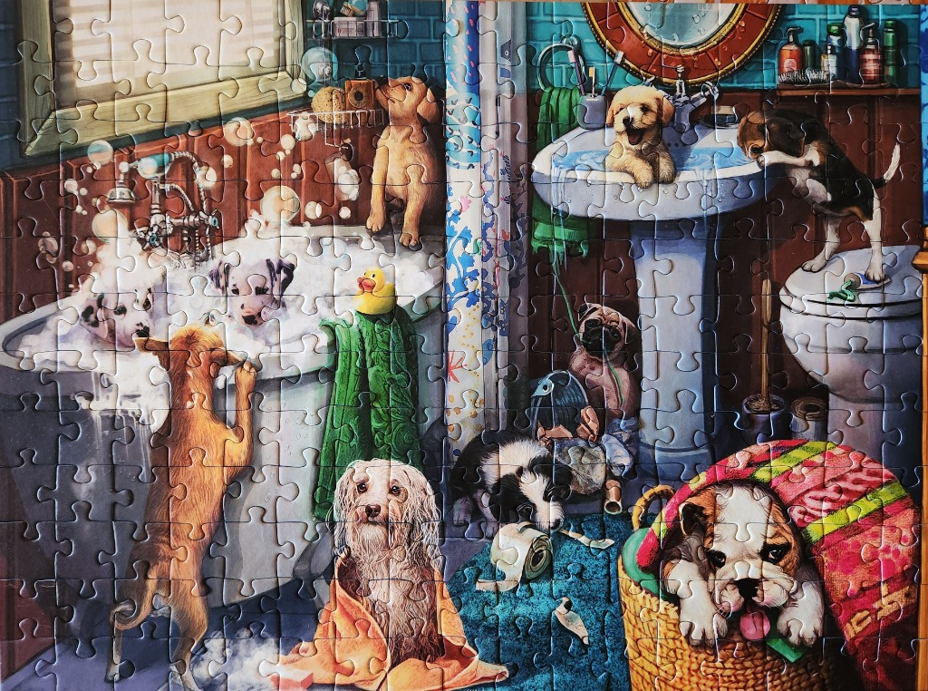A whimsical illustration of various puppies causing mischief in a bathroom.