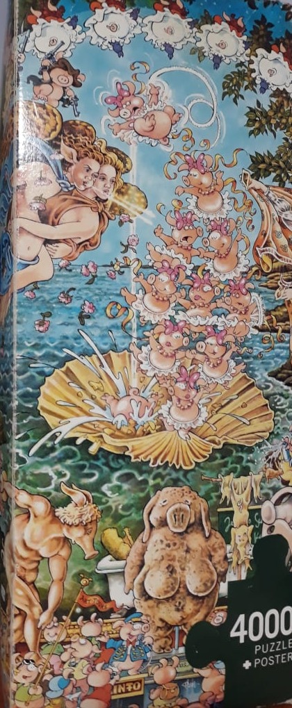 A whimsical cartoon parody of The Birth of Venus, featuring anthropomorphic pigs in various comedic poses.