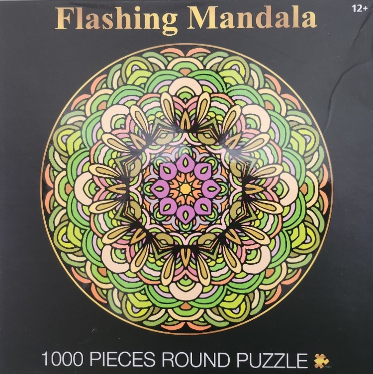 A circular mandala design with pastel colors and thick black outlines on a solid black background.